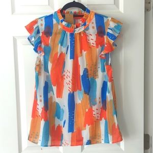 Colorful Watercolor Blouse with Ruffled sleeves, Size Medium, Modern